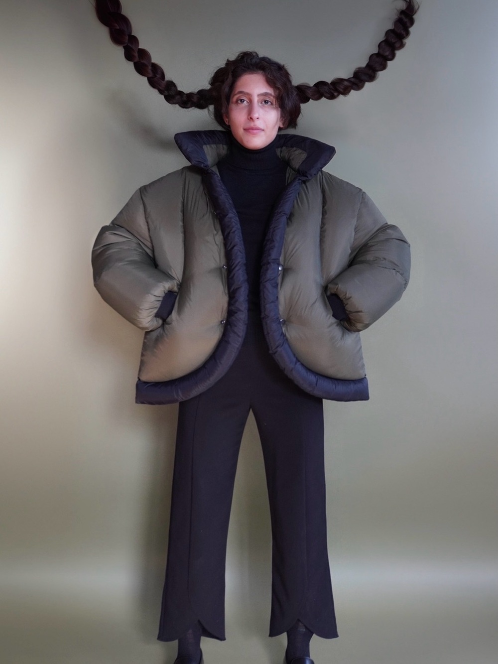 Olive Green Puffer Jacket with Black Trim - Unisex Jackets & Coats